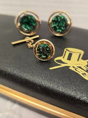 vintage Hickok green & gold  cufflinks Cuff links with tie tack